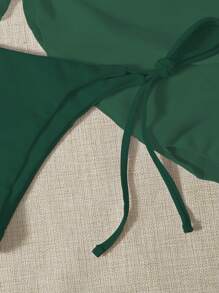 SHEIN Swim 素色比基尼套裝三角形文胸和丁字褲下裝和沙灘裙3入組泳衣 - 墨綠色 - 查看 4