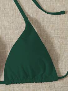 SHEIN Swim 素色比基尼套裝三角形文胸和丁字褲下裝和沙灘裙3入組泳衣 - 墨綠色 - 查看 6