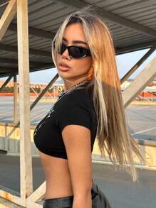 SHEIN ICON 标语图案短款黑色上衣太棒了美国你必须相信你能做到永不放弃 - 黑色 - 查看 2