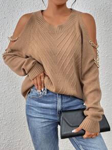 SHEIN LUNE 挖肩鏈條細節套頭毛衣 - 駝色 - 查看 4