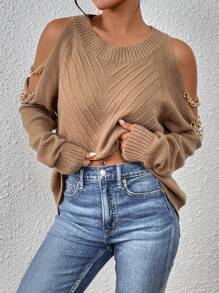 SHEIN LUNE 挖肩鏈條細節套頭毛衣 - 駝色 - 查看 7