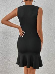 SHEIN Privé Vestido de punto con diseño de botón bajo con fruncido - Negro - Ver 2