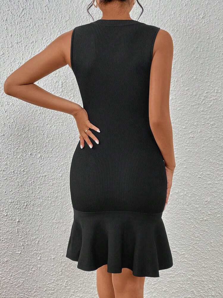Button Detail Ruffle Hem Sweater Dress