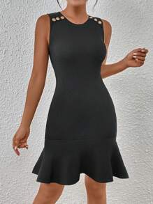 SHEIN Privé Vestido de punto con diseño de botón bajo con fruncido - Negro - Ver 7
