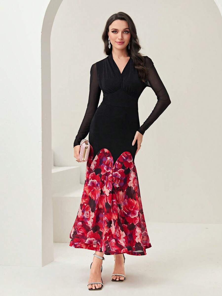 Modelyn 花卉印花对比色网眼美人鱼下摆连衣裙长款晚礼服