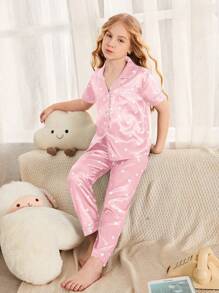 Tween Girl Heart Print Contrast Piping Satin Blouse & Trousers PJ Set - Baby Pink - View 1