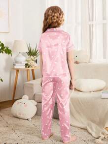 Tween Girl Heart Print Contrast Piping Satin Blouse & Trousers PJ Set - Baby Pink - View 2