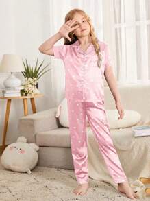 Tween Girl Heart Print Contrast Piping Satin Blouse & Trousers PJ Set - Baby Pink - View 3