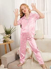 Tween Girl Heart Print Contrast Piping Satin Blouse & Trousers PJ Set - Baby Pink - View 5