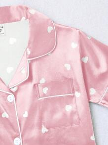 Tween Girl Heart Print Contrast Piping Satin Blouse & Trousers PJ Set - Baby Pink - View 6