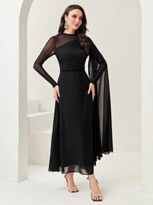 Modelyn Vestido de noche largo con mangas, con contraste de malla y drapeado