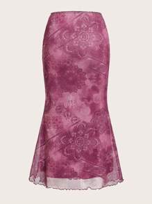 ROMWE PUNK Floral Print Lettuce Trim Mesh Skirt - Red Violet - View 2