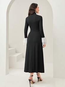 Modelyn Contrast Embroidery Mesh Flare Sleeve Cut Out Front Dress Without Belt - Black - View 2