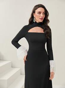 Modelyn Contrast Embroidery Mesh Flare Sleeve Cut Out Front Dress Without Belt - Black - View 5