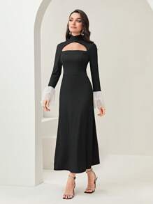 Modelyn Contrast Embroidery Mesh Flare Sleeve Cut Out Front Dress Without Belt - Black - View 3