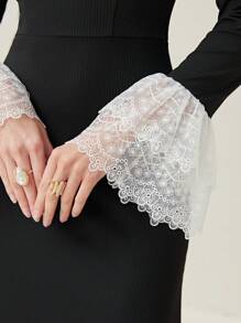 Modelyn Contrast Embroidery Mesh Flare Sleeve Cut Out Front Dress Without Belt - Black - View 6