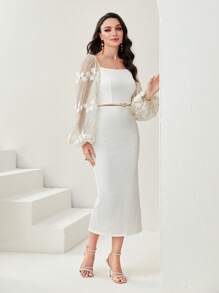 Modelyn 花卉刺繡網紗燈籠袖後背開衩洋裝不附腰帶 - 白色 - 查看 1