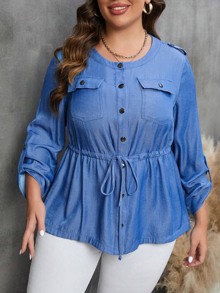 Plus Roll Tab Sleeve Drawstring Waist Peplum Coat