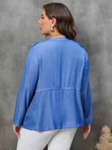 SHEIN LUNE Hơn Tay áo cuộn Eo dây rút Xoay eo áo - Màu xanh lam - Xem 2