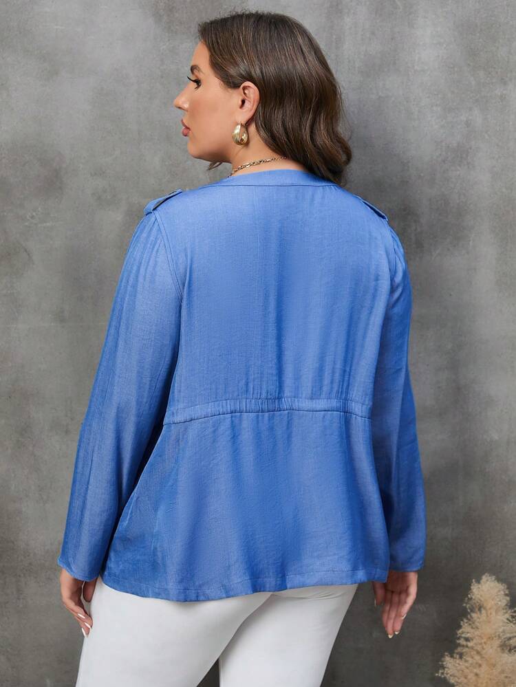 Plus Roll Tab Sleeve Drawstring Waist Peplum Coat