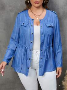 SHEIN LUNE Hơn Tay áo cuộn Eo dây rút Xoay eo áo - Màu xanh lam - Xem 3