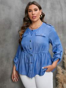 SHEIN LUNE Hơn Tay áo cuộn Eo dây rút Xoay eo áo - Màu xanh lam - Xem 4