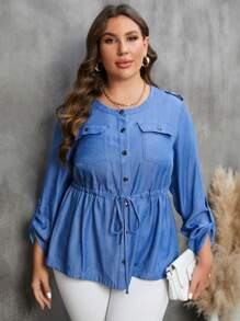 SHEIN LUNE Hơn Tay áo cuộn Eo dây rút Xoay eo áo - Màu xanh lam - Xem 5