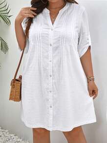 SHEIN Frenchy 大碼圓點前紐扣捲邊袖襯衫連衣裙 - 白色 - 查看 1