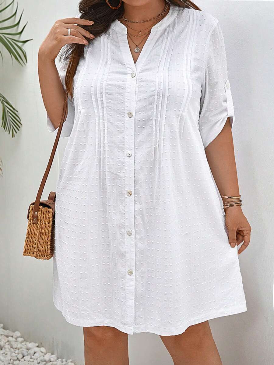 SHEIN Frenchy 大碼圓點前紐扣捲邊袖襯衫連衣裙 - 白色 - 查看 1