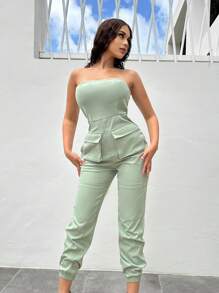 SHEIN SXY 翻蓋口袋抹胸連體褲 - 薄荷綠 - 查看 4