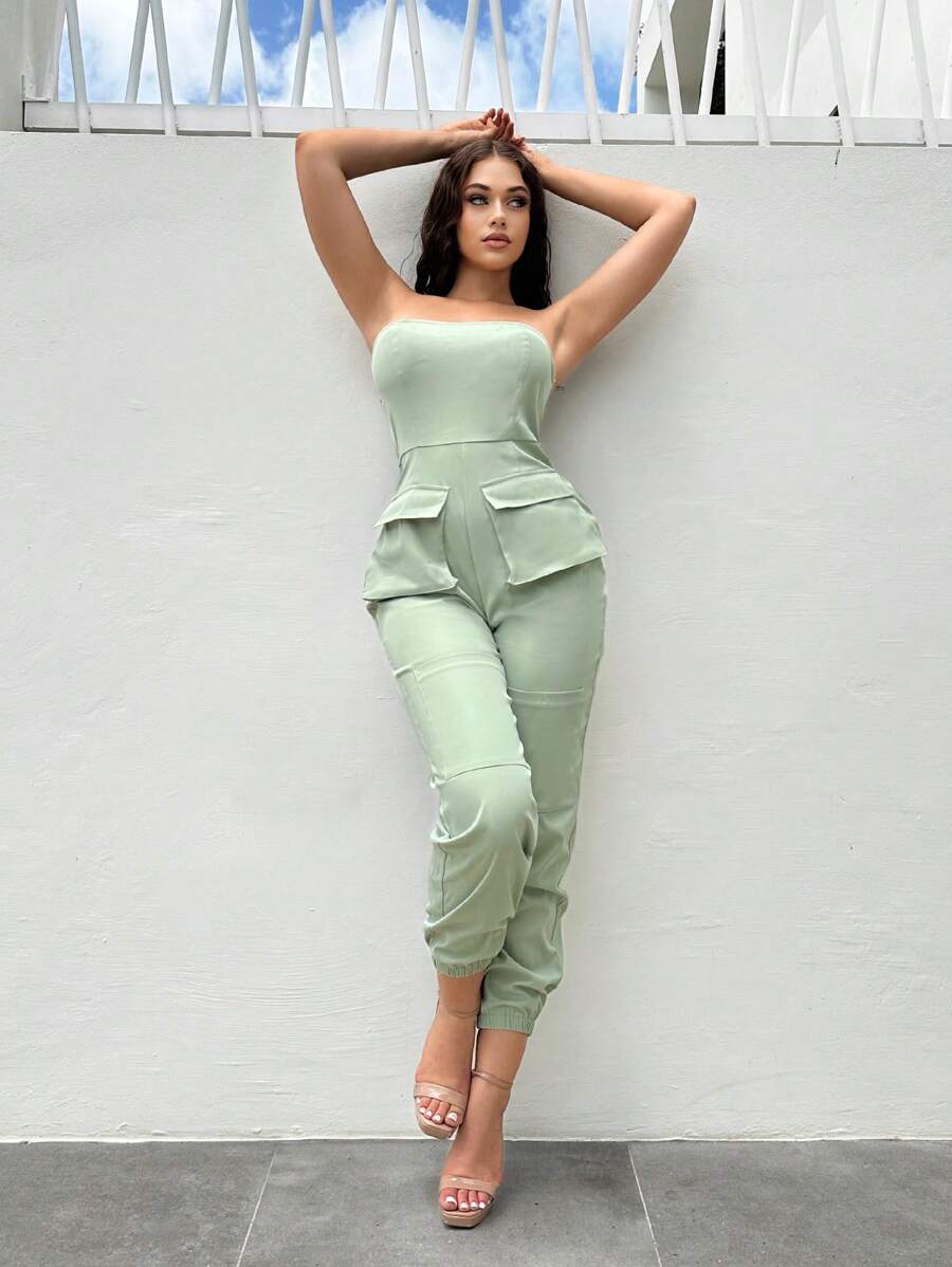SHEIN SXY 翻蓋口袋抹胸連體褲 - 薄荷綠 - 查看 1