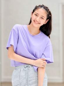 SHEIN BASICS Casual Solid Drop Shoulder Crop Tee