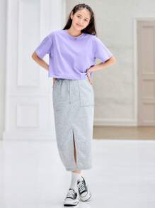 SHEIN BASICS Casual Solid Drop Shoulder Crop Tee