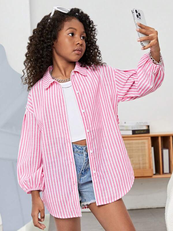 SHEIN Tween Girl Striped Print Drop Shoulder Shirt Without Cami Top