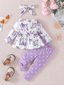 女嬰印花前蝴蝶結花邊下擺上衣&波卡圓點長褲＆ 頭巾 - 彩色 - 查看 2