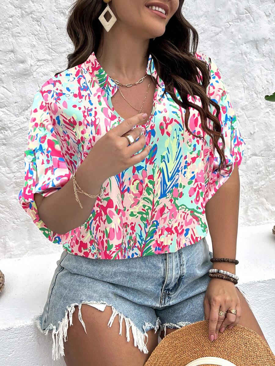 SHEIN Holidaya 大碼滿版印花蝙蝠袖襯衫 - 彩色 - 查看 1