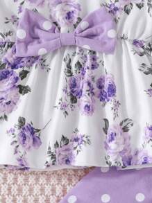 女嬰印花前蝴蝶結花邊下擺上衣&波卡圓點長褲＆ 頭巾 - 彩色 - 查看 4