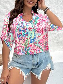 SHEIN Holidaya 大碼滿版印花蝙蝠袖襯衫 - 彩色 - 查看 3