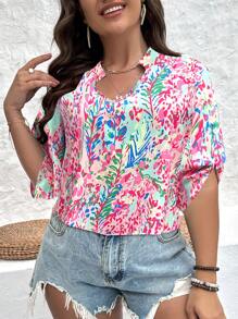 SHEIN Holidaya 大碼滿版印花蝙蝠袖襯衫 - 彩色 - 查看 4