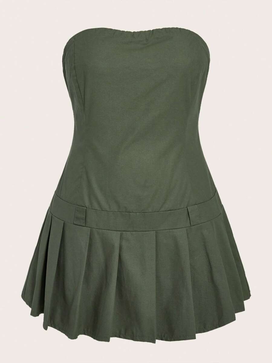 SHEIN EZwear Đầm Plus Size Xếp li màu trơn Giải trí - xanh quân đội - Xem 1