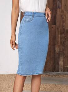SHEIN LUNE Split Hem Denim Skirt - Medium Wash - View 2