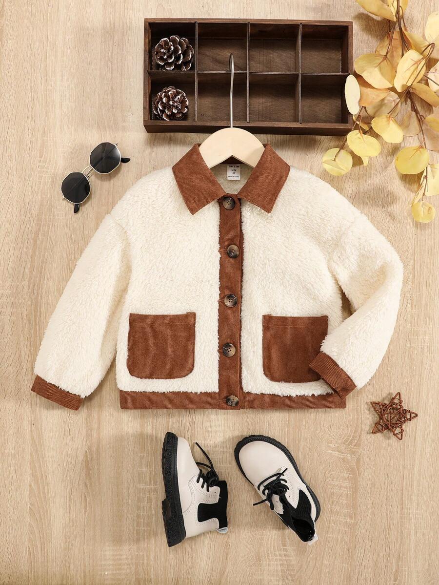 SHEIN 女小童拼接邊雙口袋拼接領絨毛外套 - 米色 - 查看 1