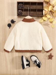 SHEIN 女小童拼接邊雙口袋拼接領絨毛外套 - 米色 - 查看 2