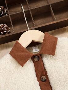 SHEIN 女小童拼接邊雙口袋拼接領絨毛外套 - 米色 - 查看 3