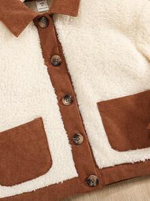 SHEIN 女小童拼接邊雙口袋拼接領絨毛外套 - 米色 - 查看 4