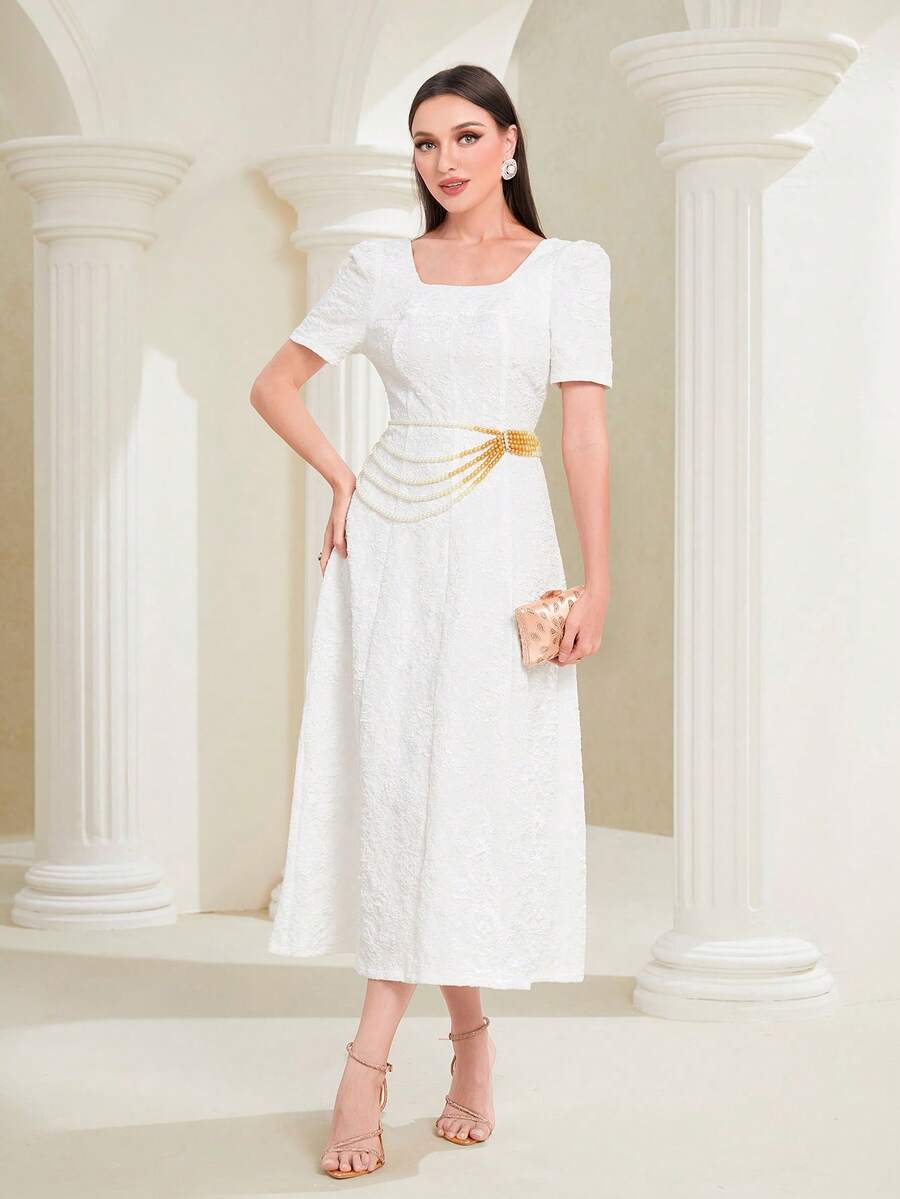 Modelyn 提花泡泡袖連衣裙不附帶珍珠鏈條 - 米色 - 查看 1