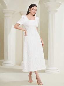 Modelyn 提花泡泡袖連衣裙不附帶珍珠鏈條 - 米色 - 查看 3