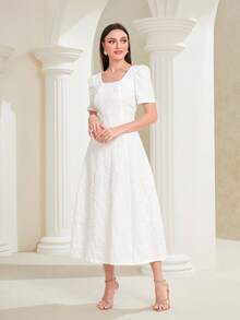 Modelyn 提花泡泡袖連衣裙不附帶珍珠鏈條 - 米色 - 查看 6