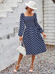 SHEIN Frenchy 波卡圓點方領燈籠袖連衣裙 - 彩色 - 查看 5