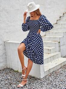 SHEIN Frenchy 波卡圓點方領燈籠袖連衣裙 - 彩色 - 查看 1